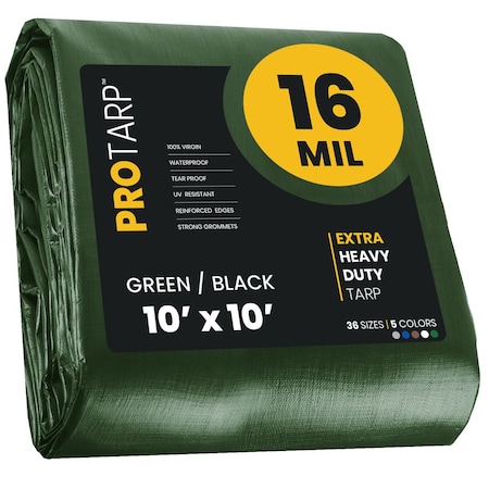 10 Ft X 10 Ft GrnBlk Polyethylene Heavy Duty 16 Mil Tarp, Waterproof, UV Resistant, RipTear Proof